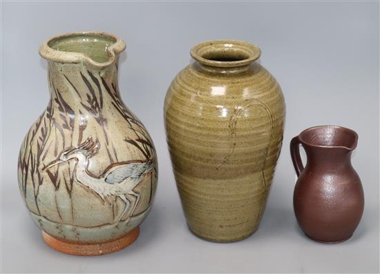 Bridget Drakeford (b. 1946), a ribbed buff-glazed studio pottery vase and two other items
